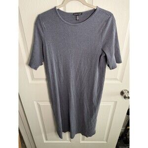Eileen Fisher Mock Neck Ribbed Midi Dress Blue Gray XL Organic Tencel Stretch